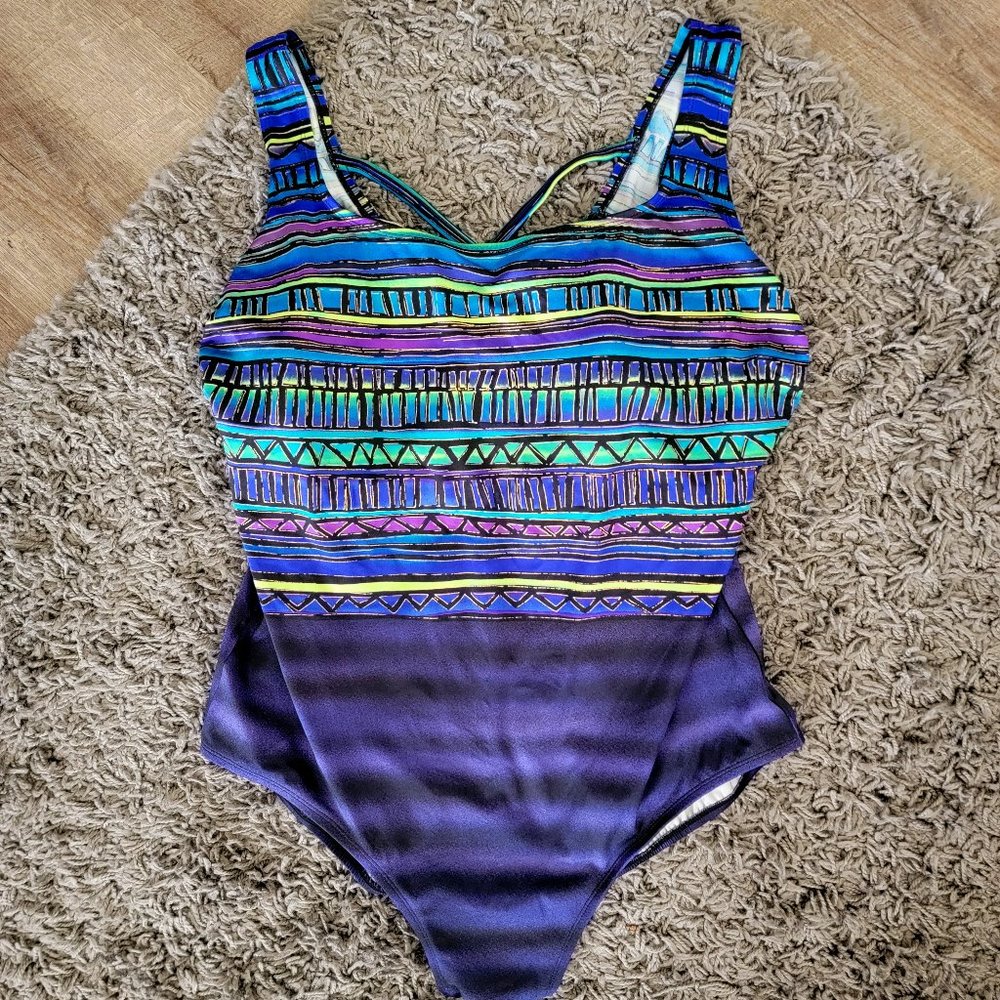 LONGTITUDE Womens Plus Size X-Back Tank Slimmer One Piece Swimsuit Tribal 16W